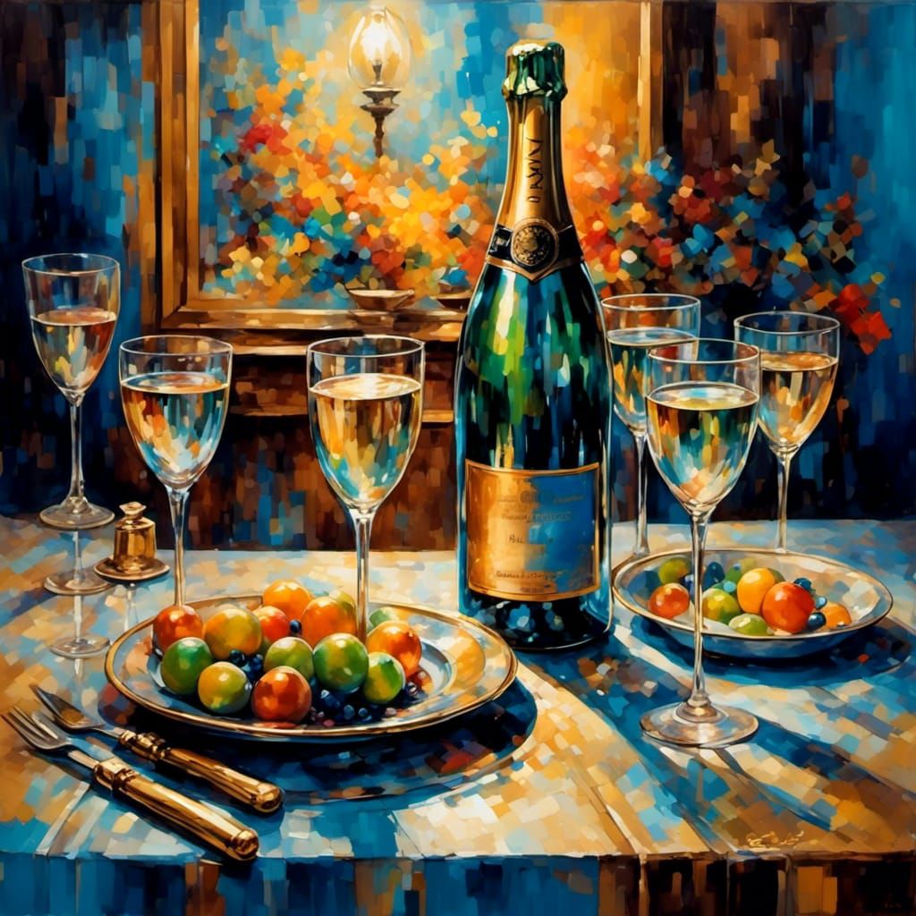 Vivid Champagne Still Life with Clock Painting
