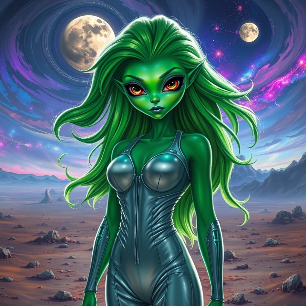 Glamorous Green Alien Woman on Desolate Planet