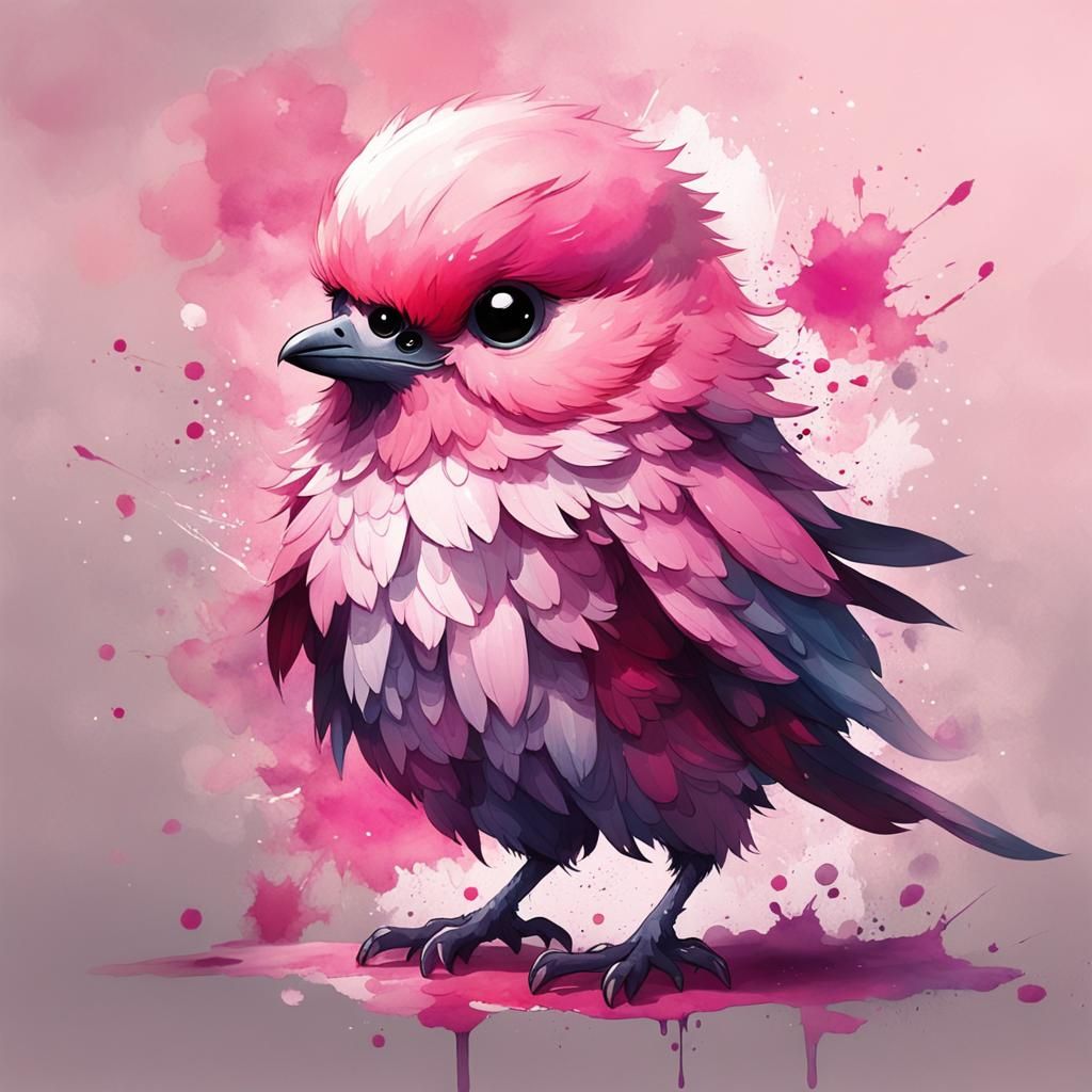 Chibi Bird in Watercolor with Ink Splatters