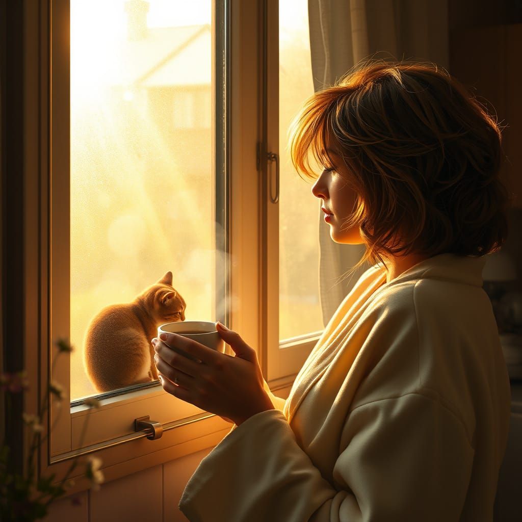 Woman with Coffee in Sun-Drenched Kitchen