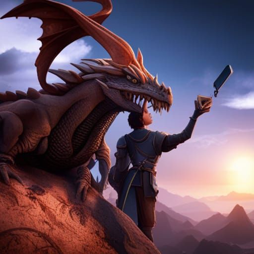 A knight taking a selfie with a dragon.