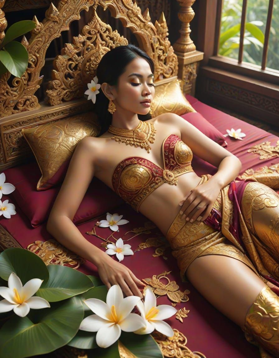 Thai Woman in Traditional Dress with Flowers