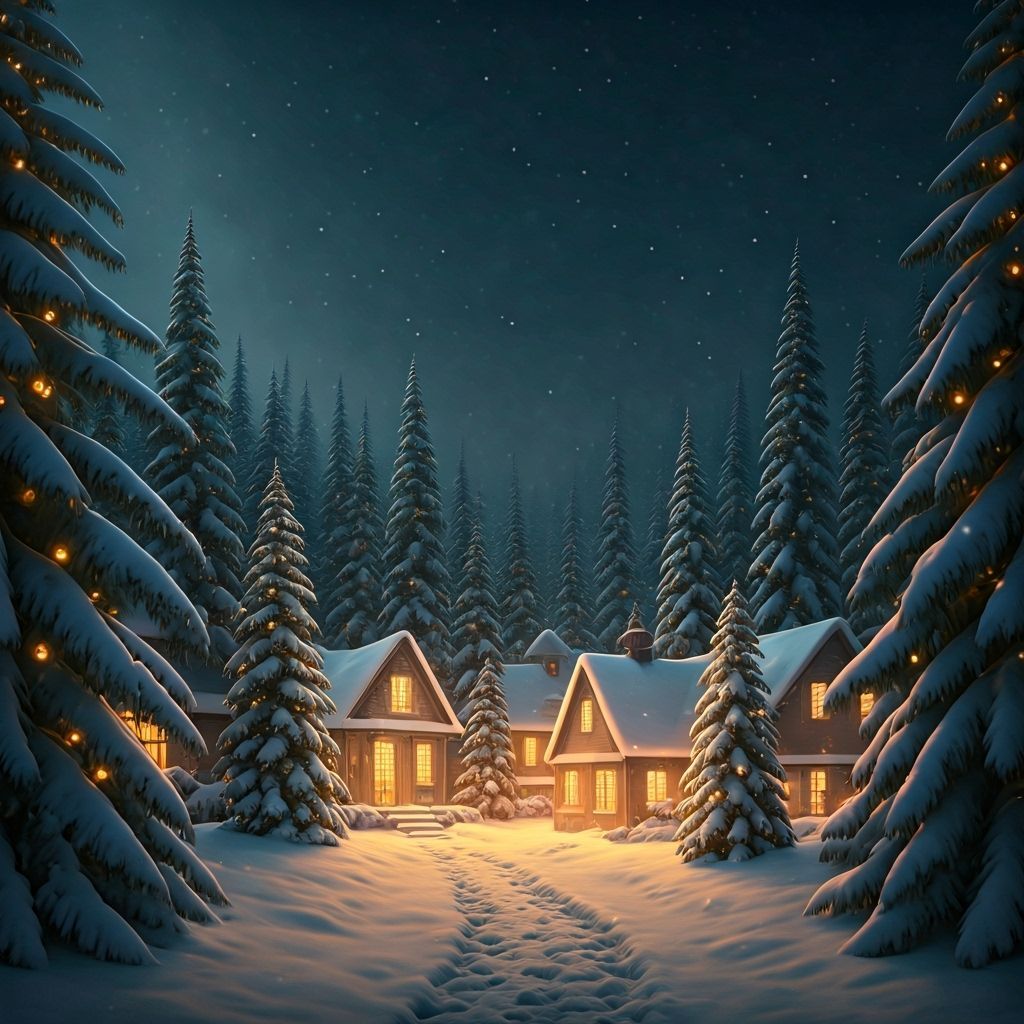 Cozy Christmas Village at Night with Falling Snow
