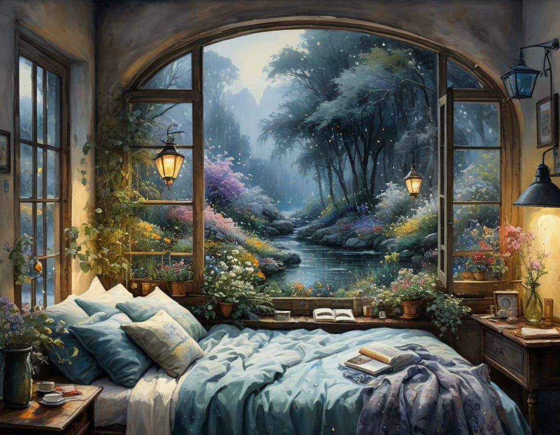 Indoor Woodland Garden with Daybed, Oil on Canvas
