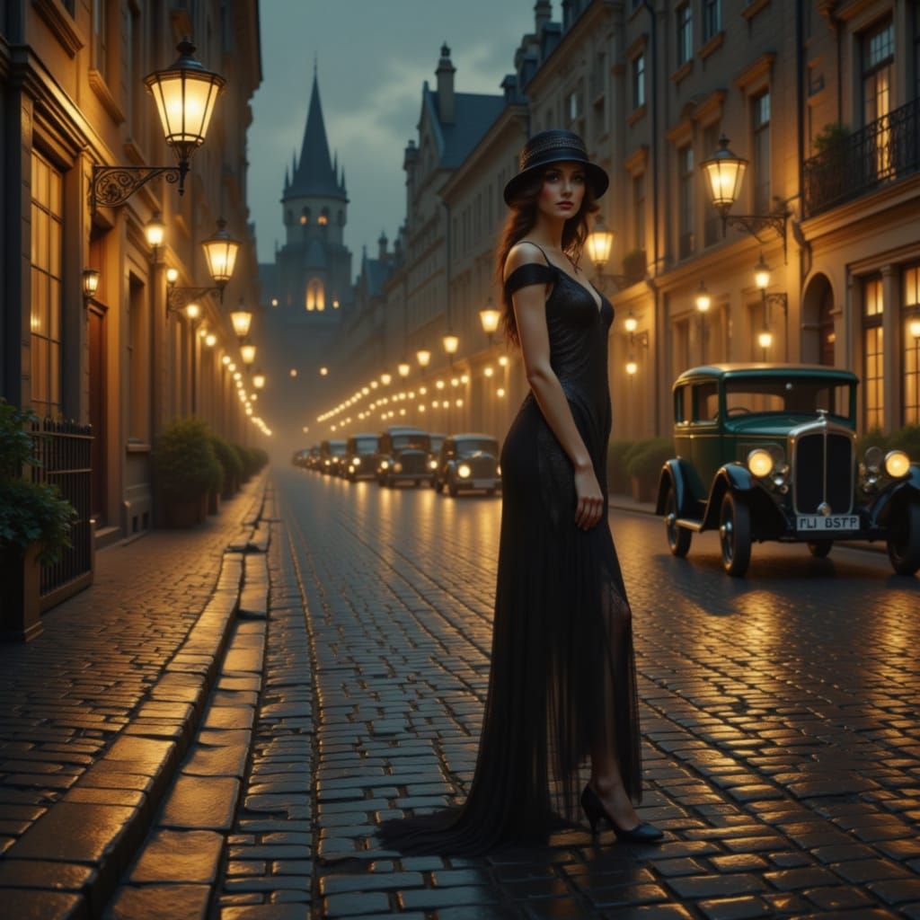 Elegant 1920s Woman on European Cobblestone Street