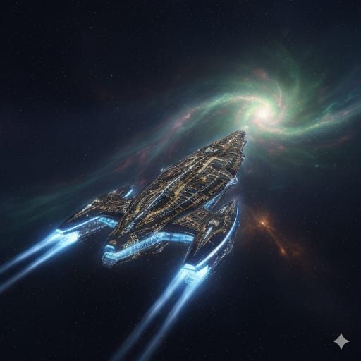 Colossal Starship Navigates Cosmic Void Towards Nebula