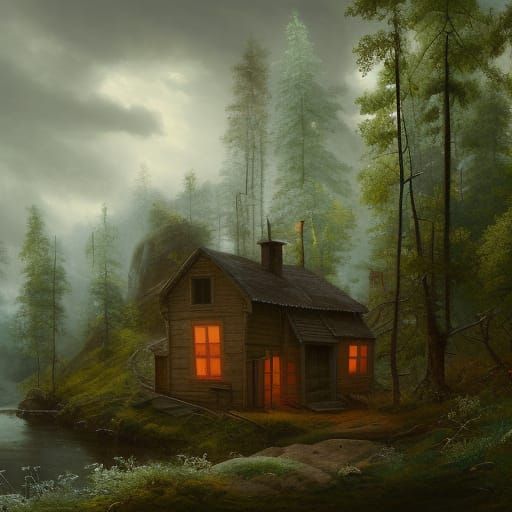 Eerie Cabin in Woods: Detailed Matte Painting