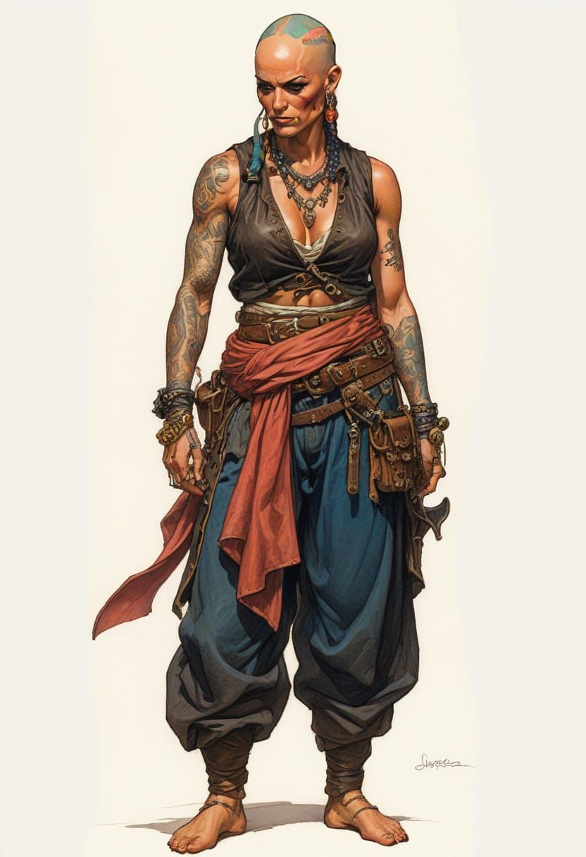 Bald Tattooed Pirate in Heroic Fantasy Style