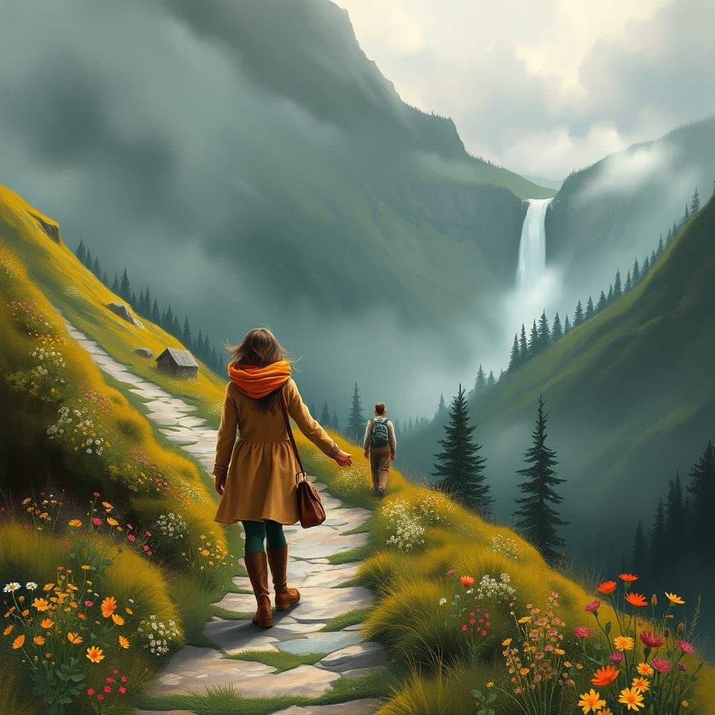 Romantic Mountain Landscape in Whimsical Style