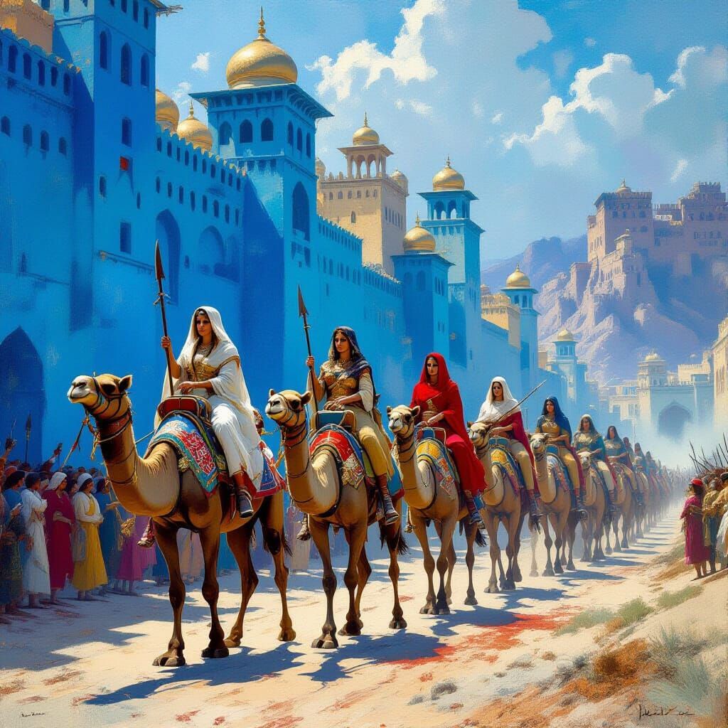 Five Queens Lead Army Through Blue City in Romantic Style