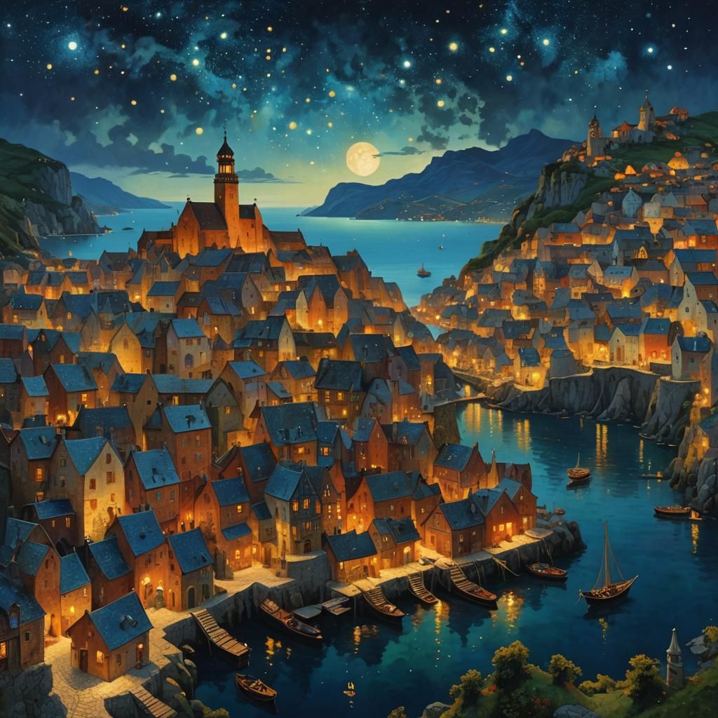 Medieval Port Town Under Starry Sky, Klimt Style