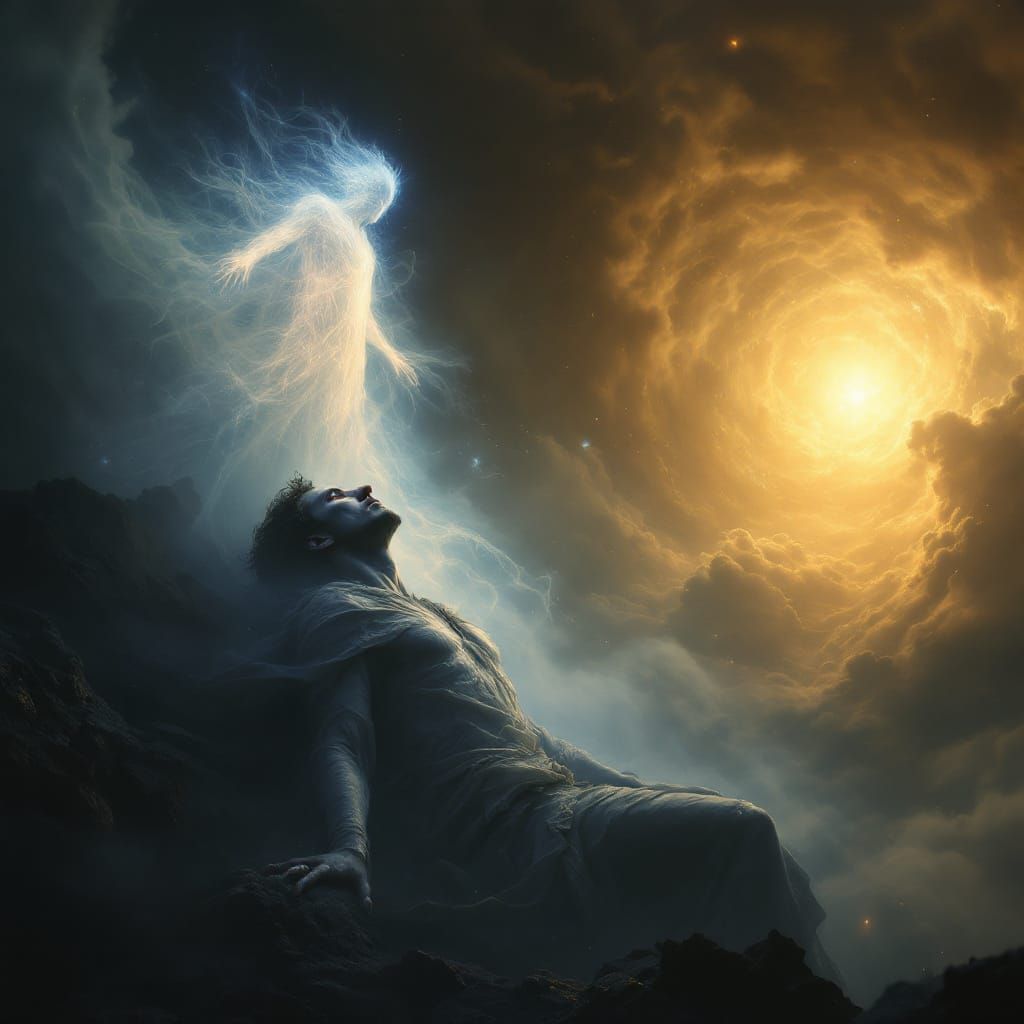 the soul rises from the human body, black background, god is...
