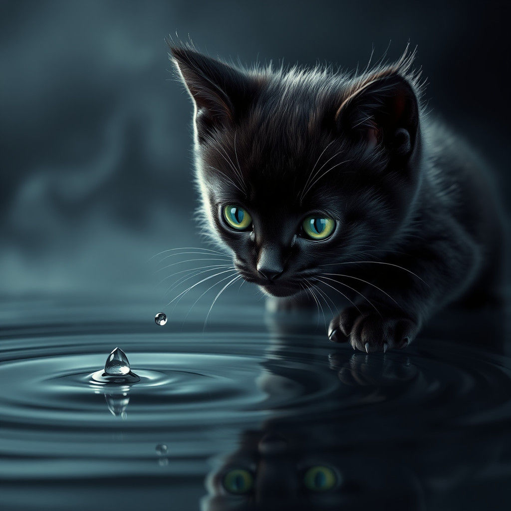 Mystical Kitten Drinks From Pond, Fantasy Concept Art