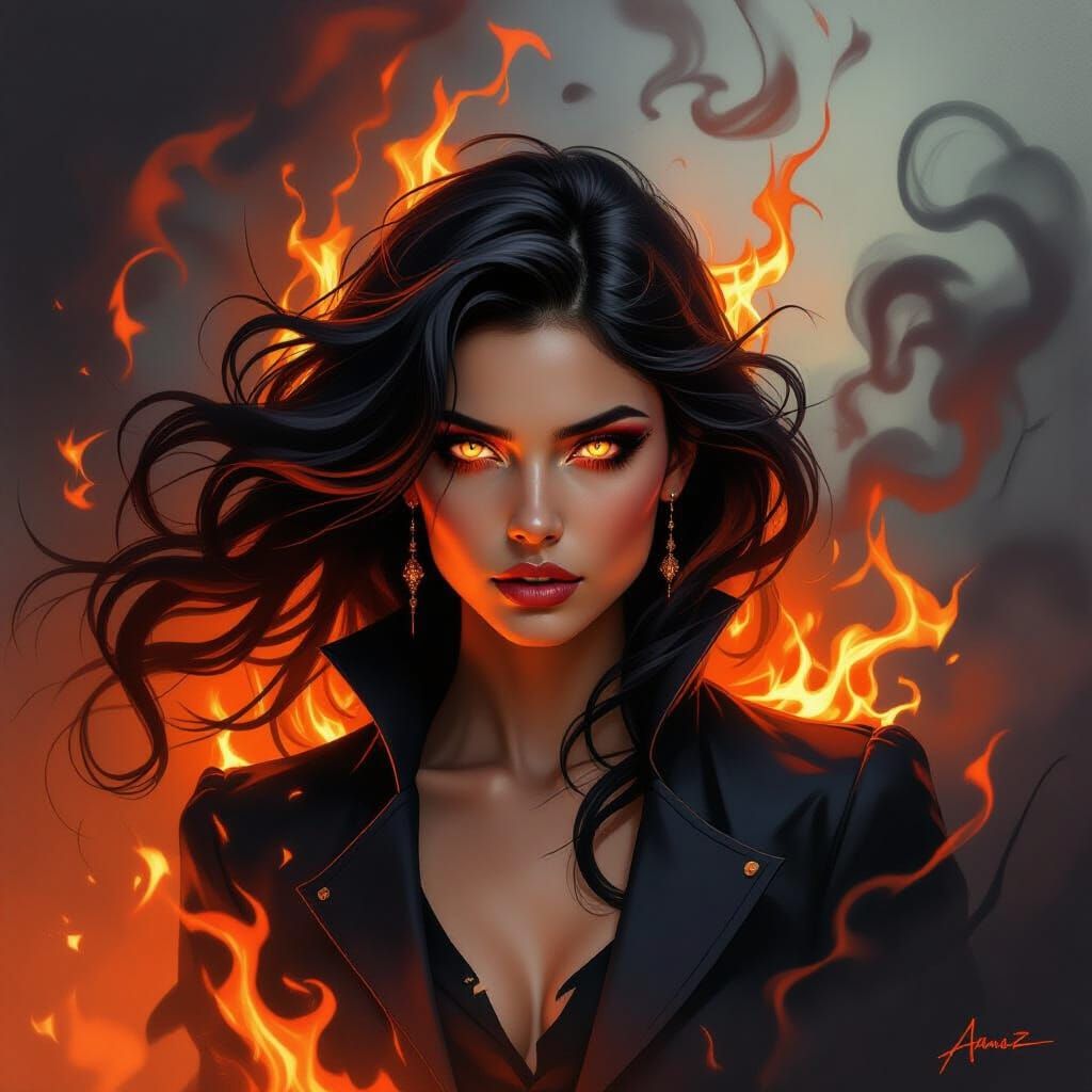 Fiery Figure with Blazing Hair in Dramatic Oil Painting Styl...