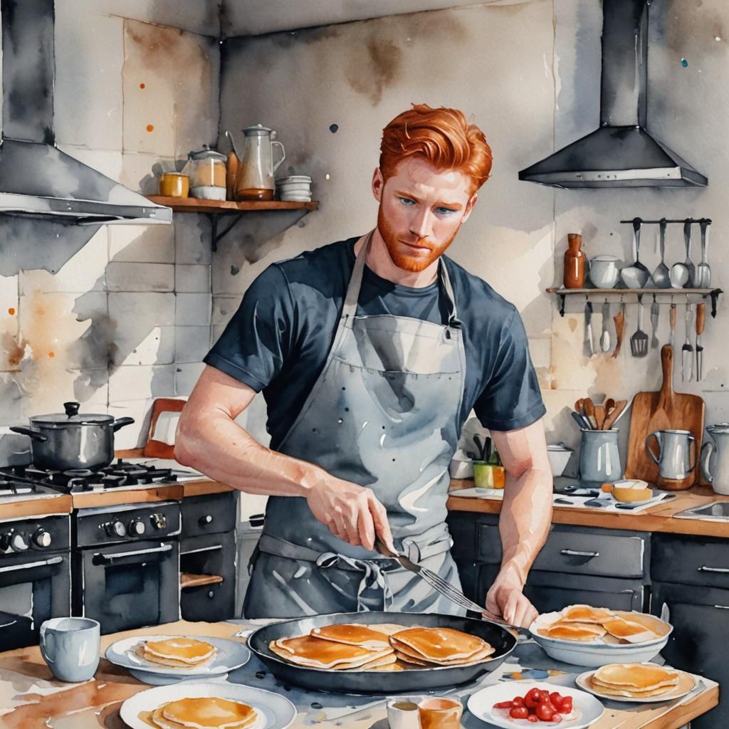 Red-Haired Man Cooking Pancakes in Watercolor Style