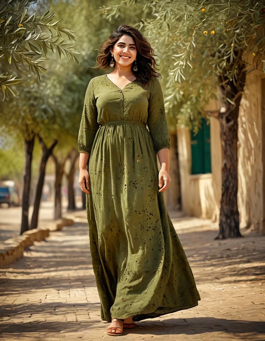 Beautiful Palestinian Woman in Olive Green Impasto Portrait