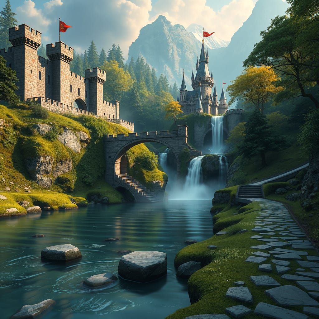 Majestic Fortress and Castle Amidst Lush Waterway and Forest