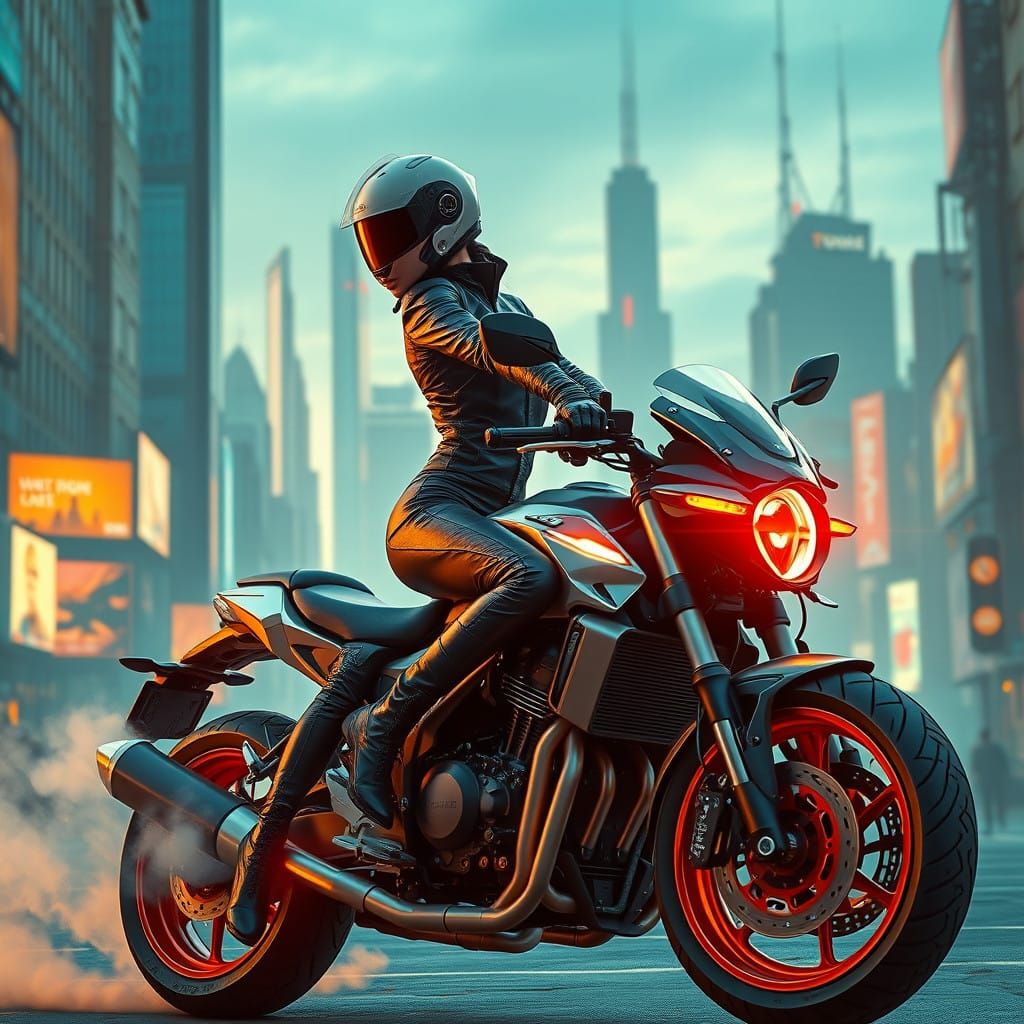 Futuristic Biker in Neon-Lit Cityscape