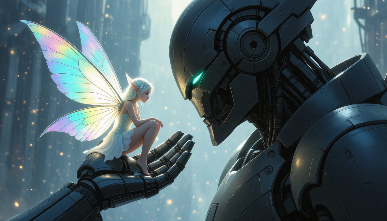 Fairy and Robot: A Surreal Fantasy Art Piece