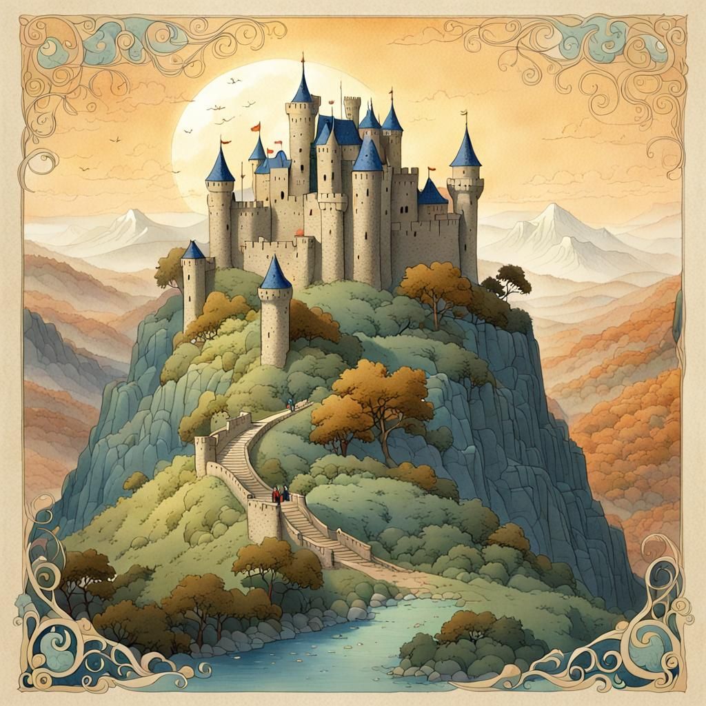 Whimsical Castle Illustration Near Mountain