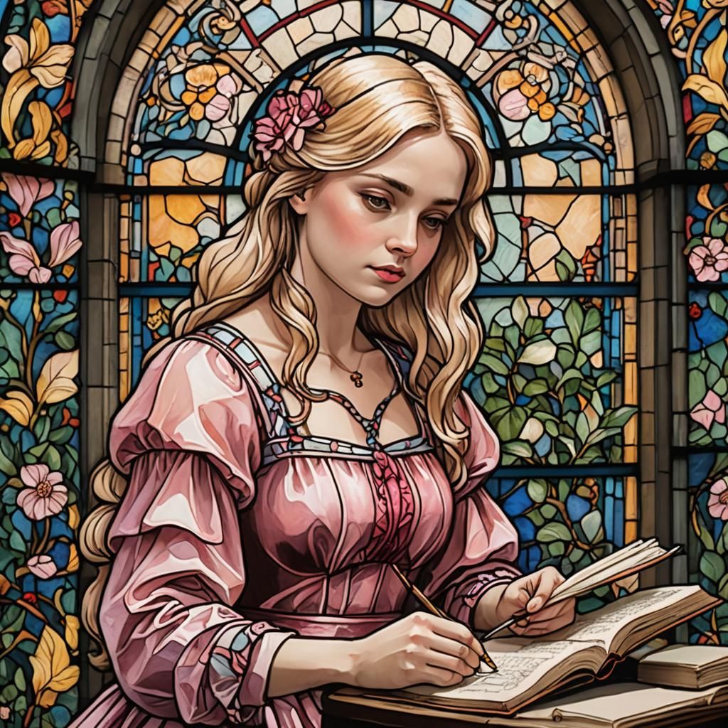 Stained Glass Girl Writing Book