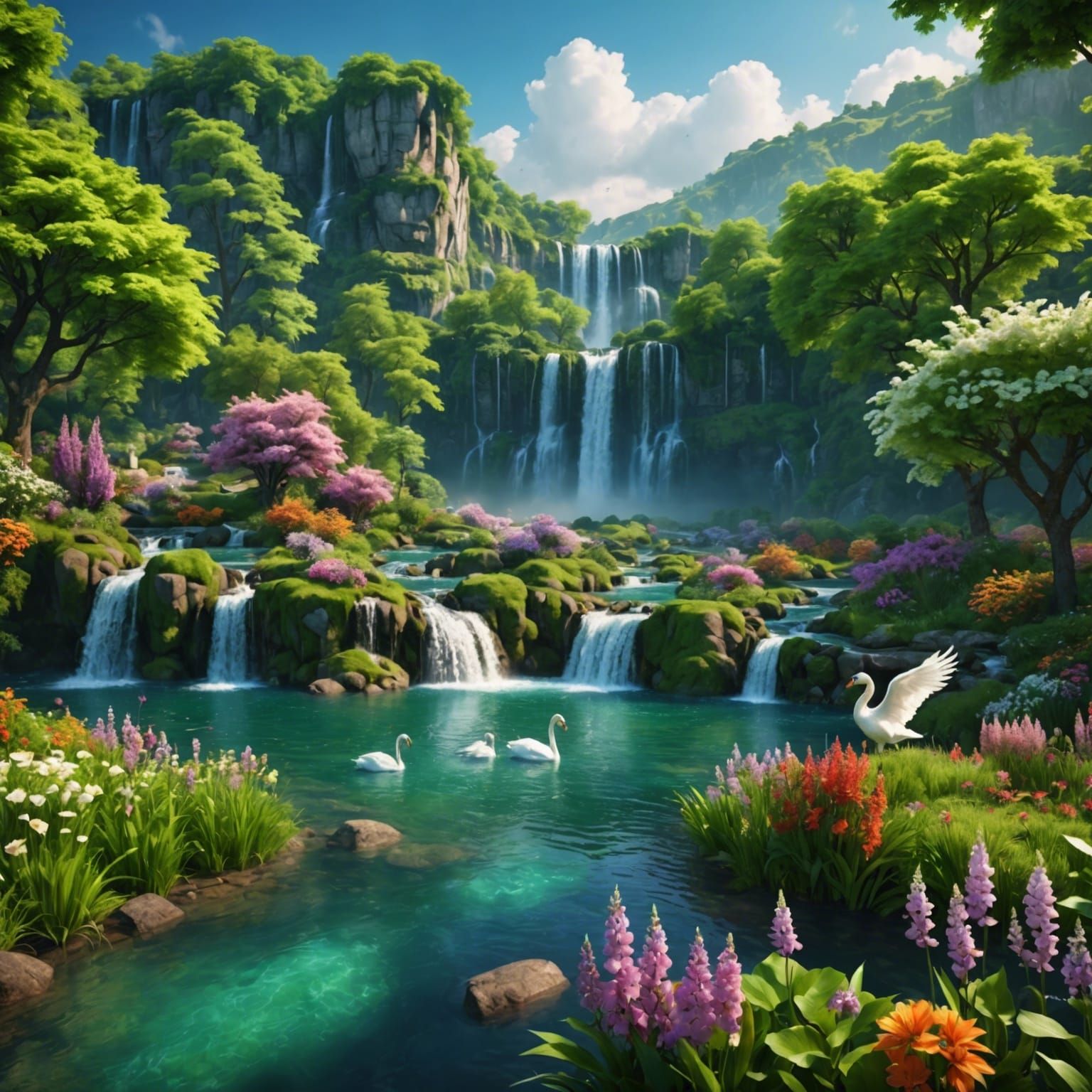 Lush Green Landscape with Stallions and Waterfalls