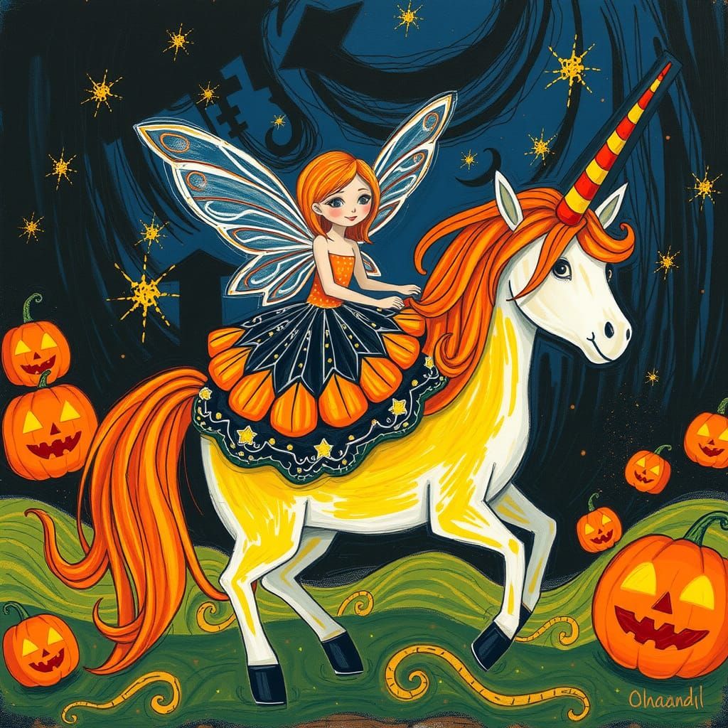 Crude child-like drawing jack o lantern fairy riding a (unicorn with a candy corn horn )on Halloween night done in cr...