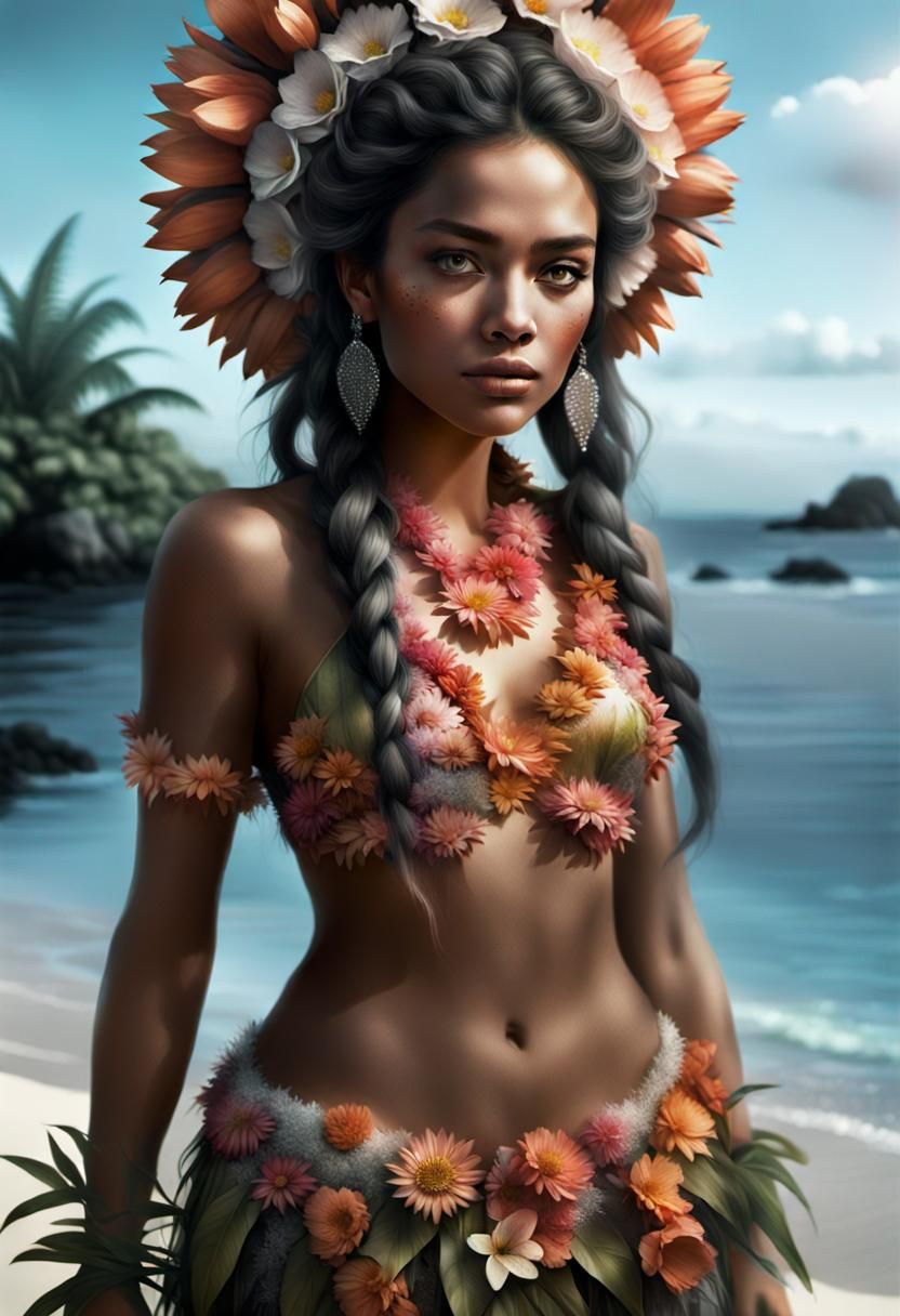 Island Girl in Black and White Charcoal Drawing