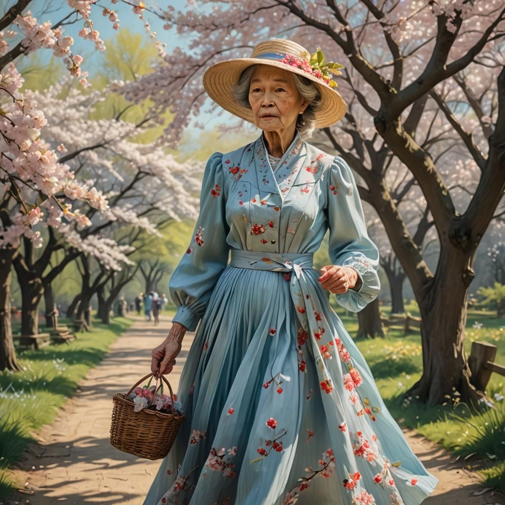 Noble Lady in Cherry Blossom Grove: Hyperrealistic Art