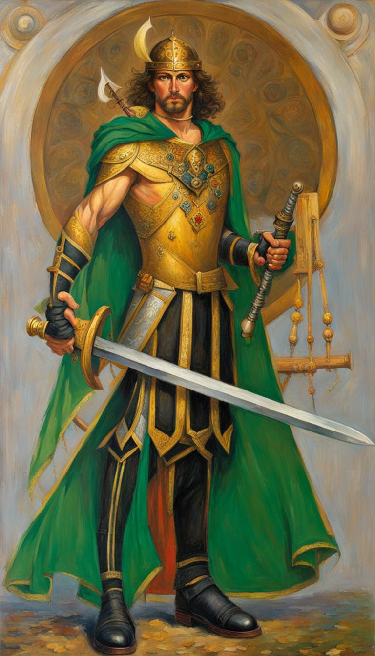 Green-Eyed Warrior with Sword, Oil Painting by Gurney