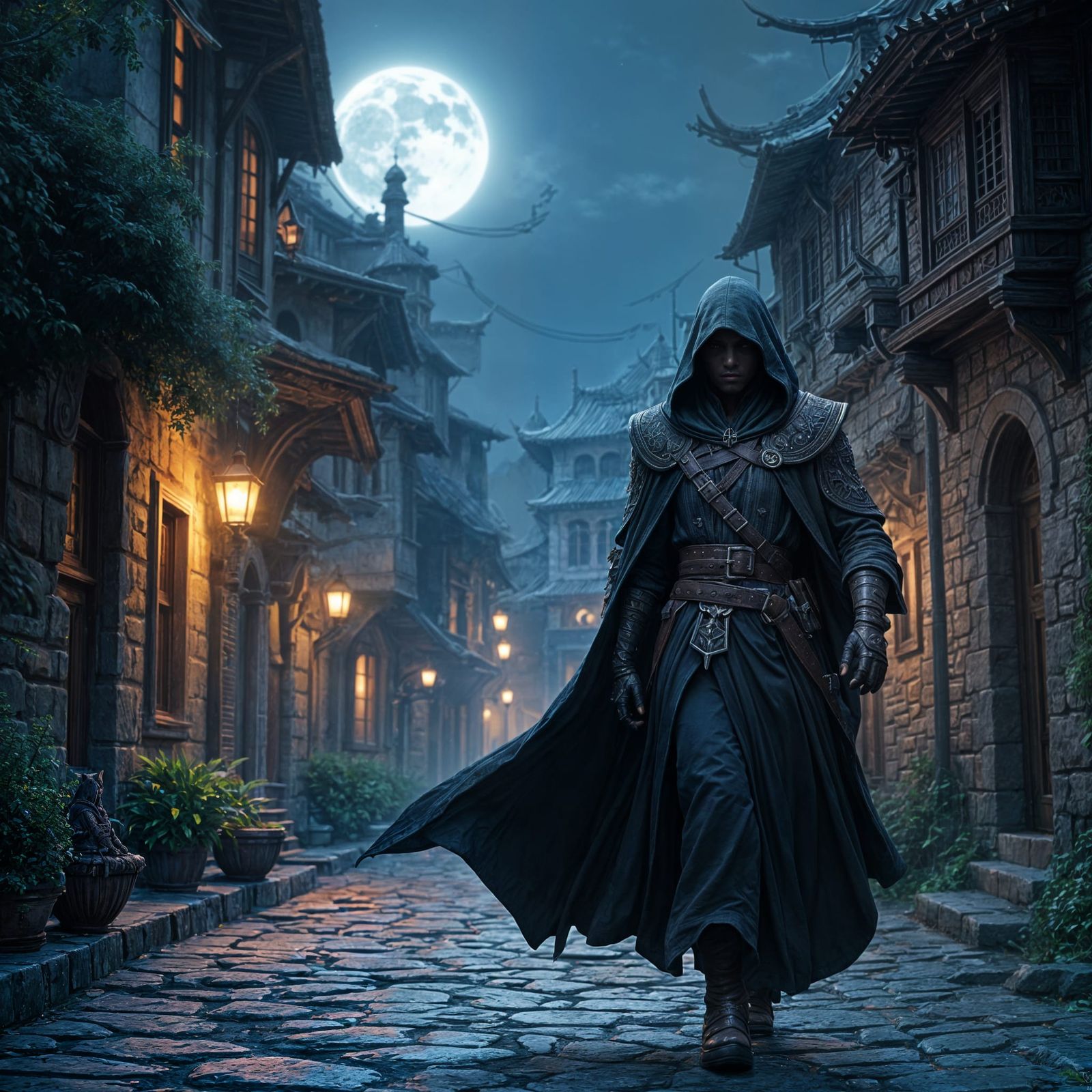 Moonlit Swashbuckler Strides Through Old Town Shadows