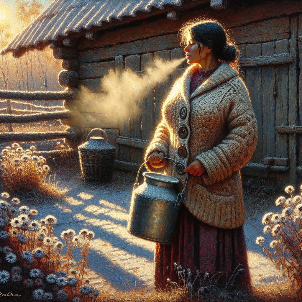 Hispanic Woman Brings Milk from Rustic Barn on Autumn Mornin...
