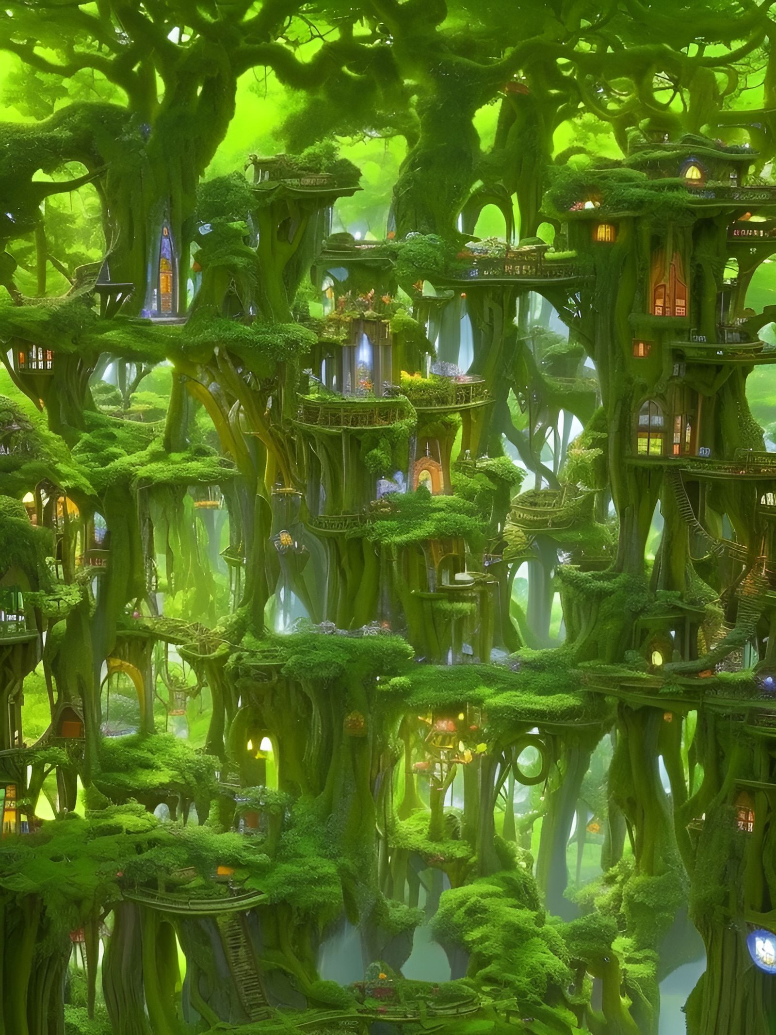 Magical Elvish Treehouse Village in Fantasy Setting