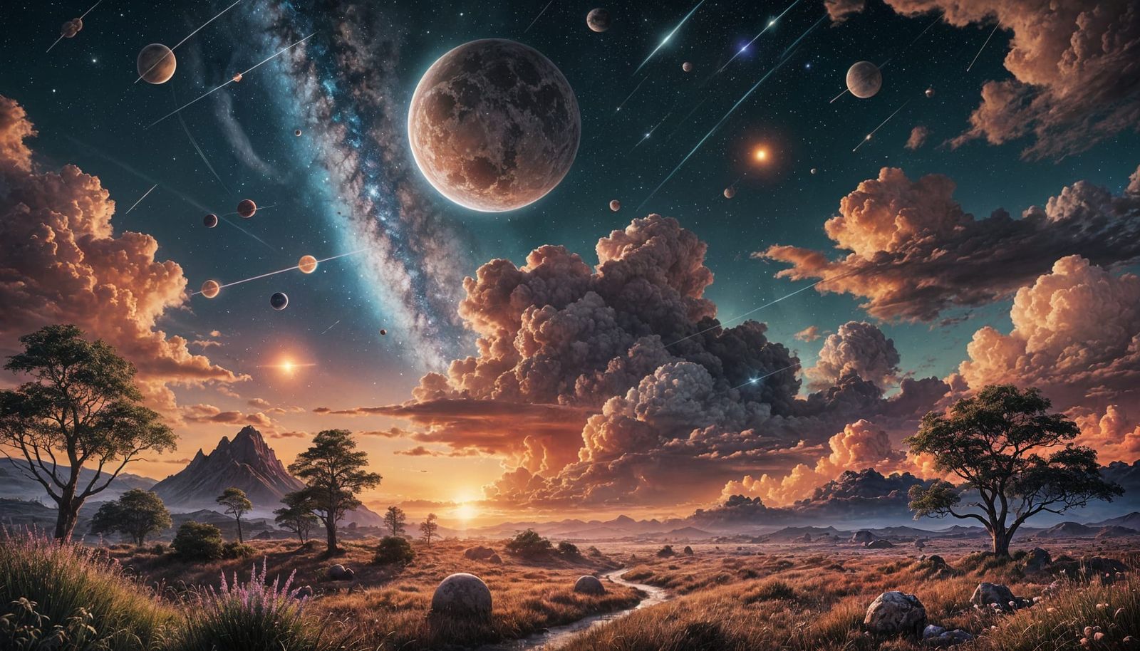 Cosmic Sunset Lo-Fi Masterpiece with Saturn and Nebula