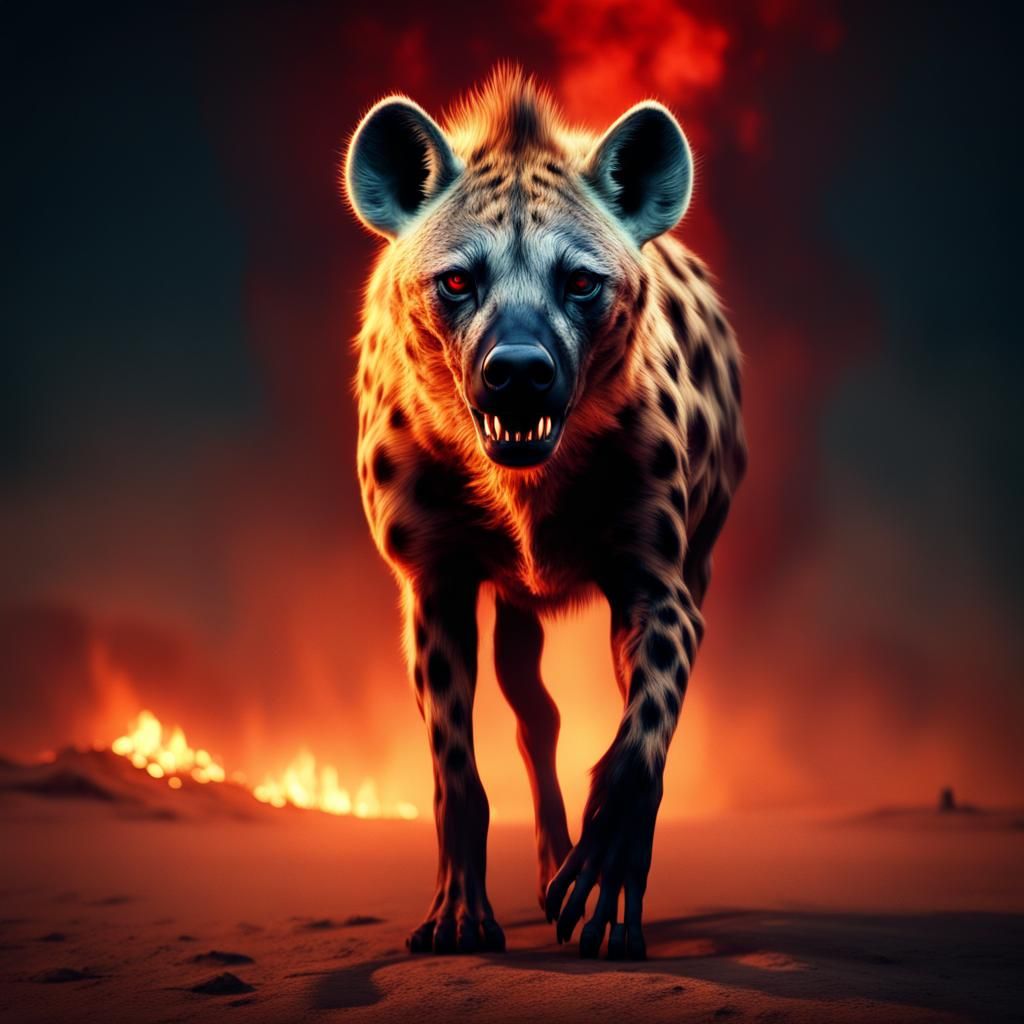 Fiery Hyena in Dark Desert Landscape