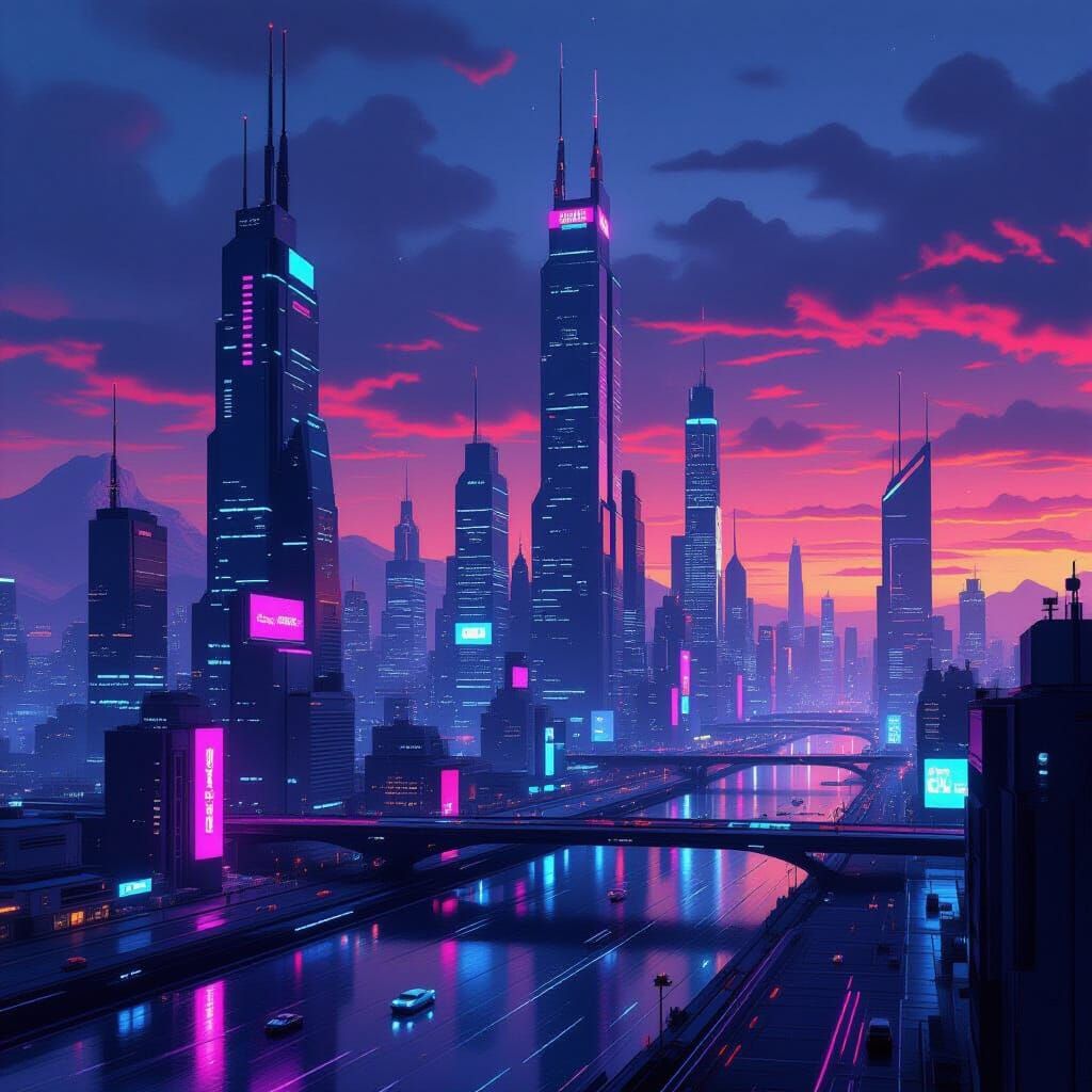 Futuristic Cityscape at Dusk in Cyberpunk Style