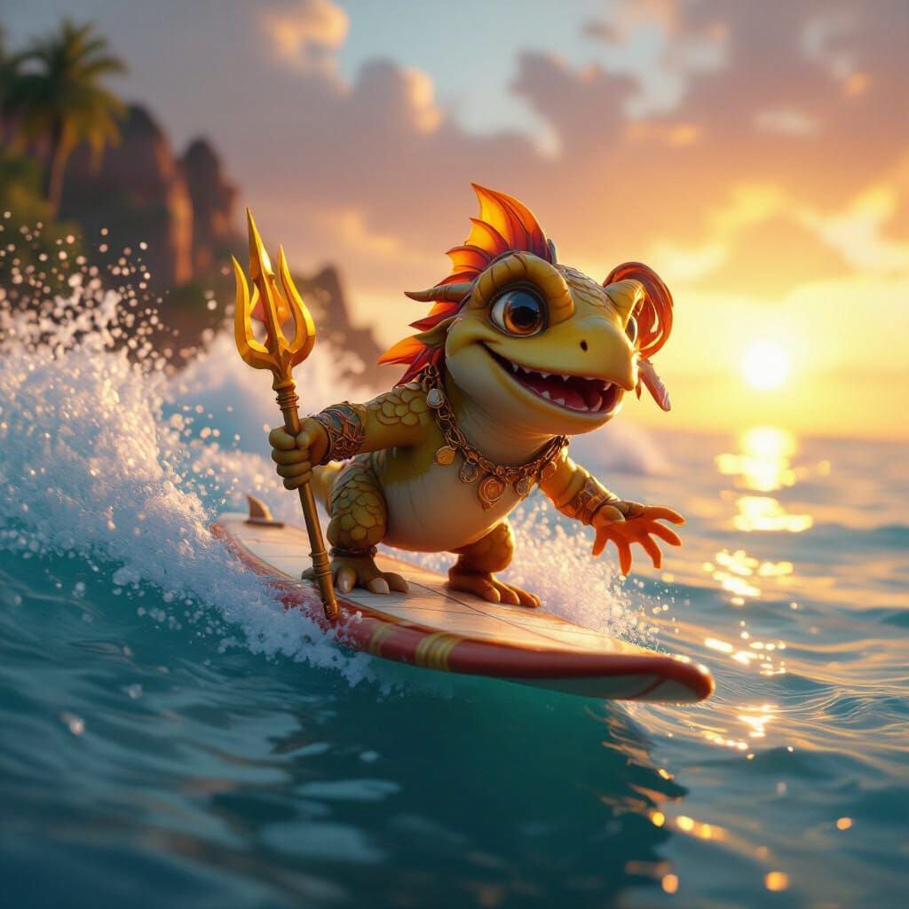 Murloc Surfer at Sunset: Hyperrealistic Fantasy Art