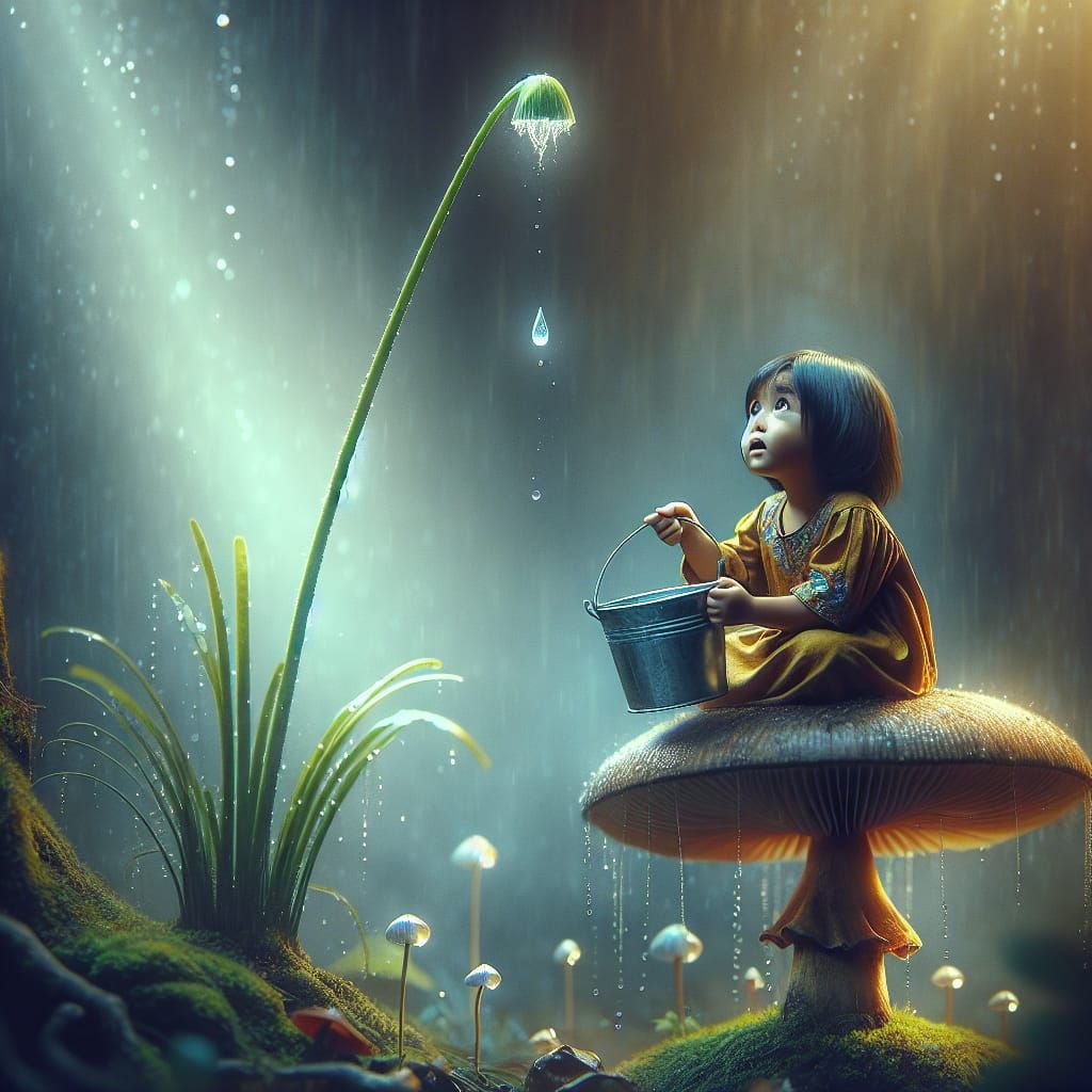 Magical Realist Girl Collecting Water on Mushroom