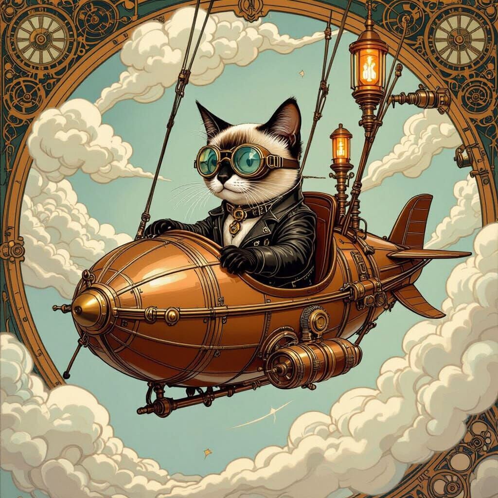 Steampunk Siamese Cat Airship, Art Nouveau Style