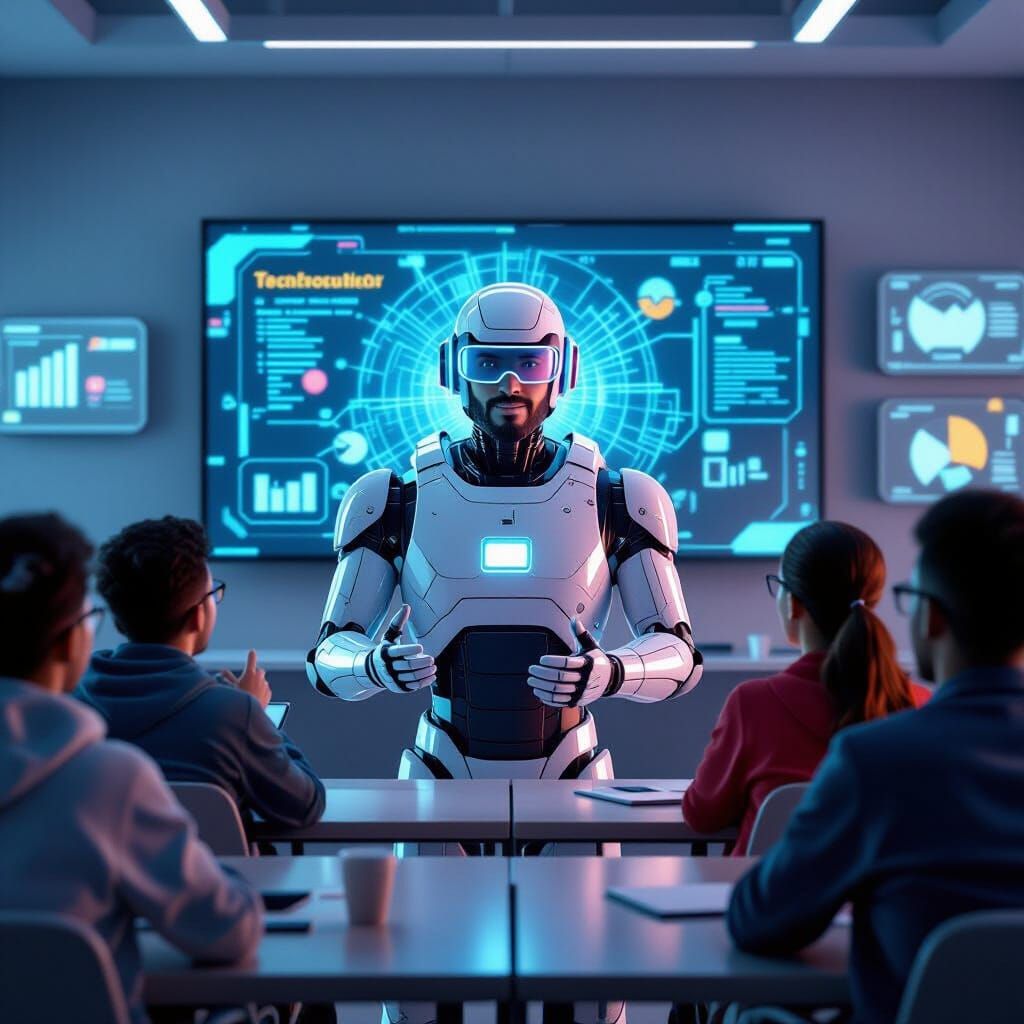 Futuristic Professor Teaching in Vibrant 3D Classroom