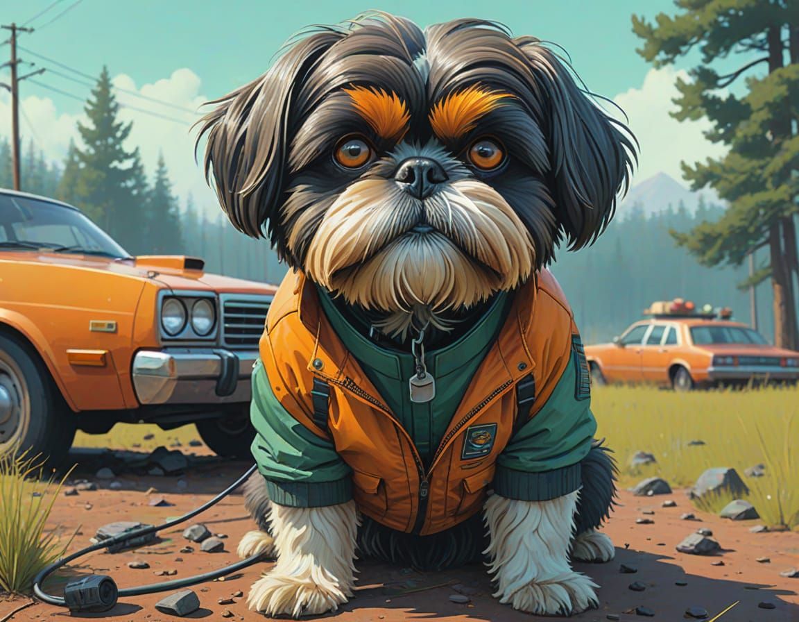 Woman with Shih Tzu in Pumpkin Patch, Digital Illustration