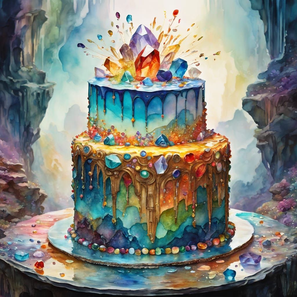 Gemstone Cake in Splashy Watercolor Style
