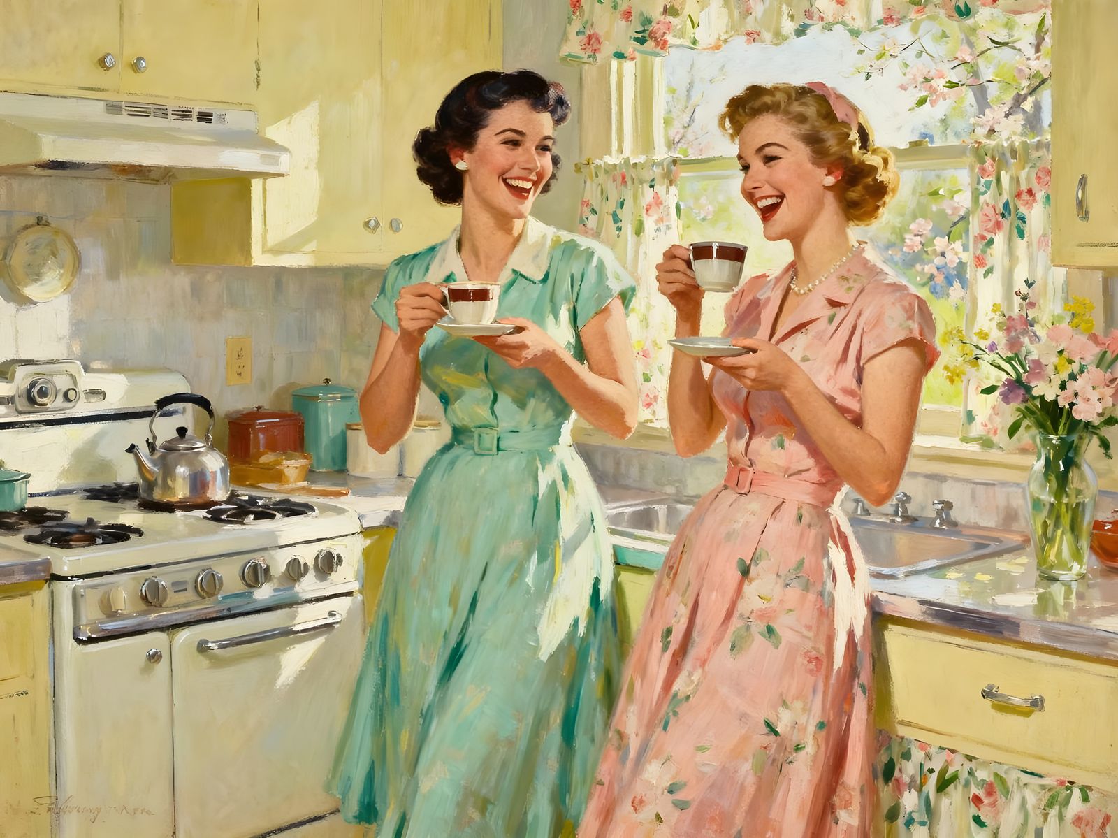 1950s Women Laughing in Kitchen, Oil Painting Style