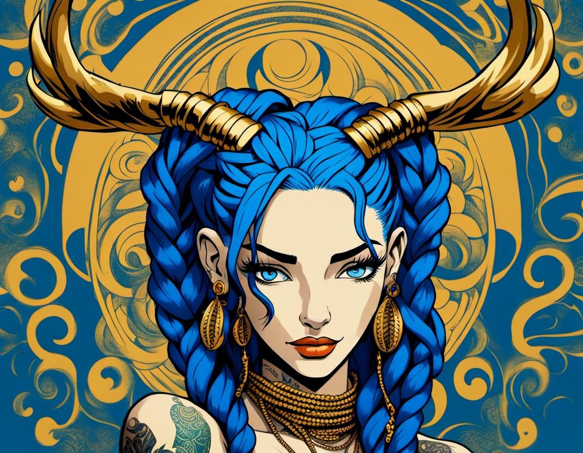 Golden Blue Girl with Antlers in Hergé Style