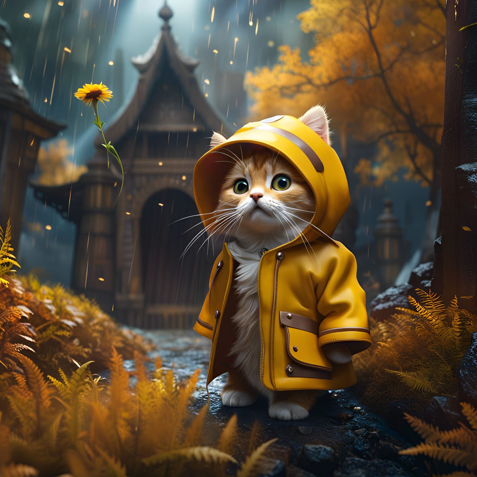 Cute Kitten in Raincoat: Fantasy Art
