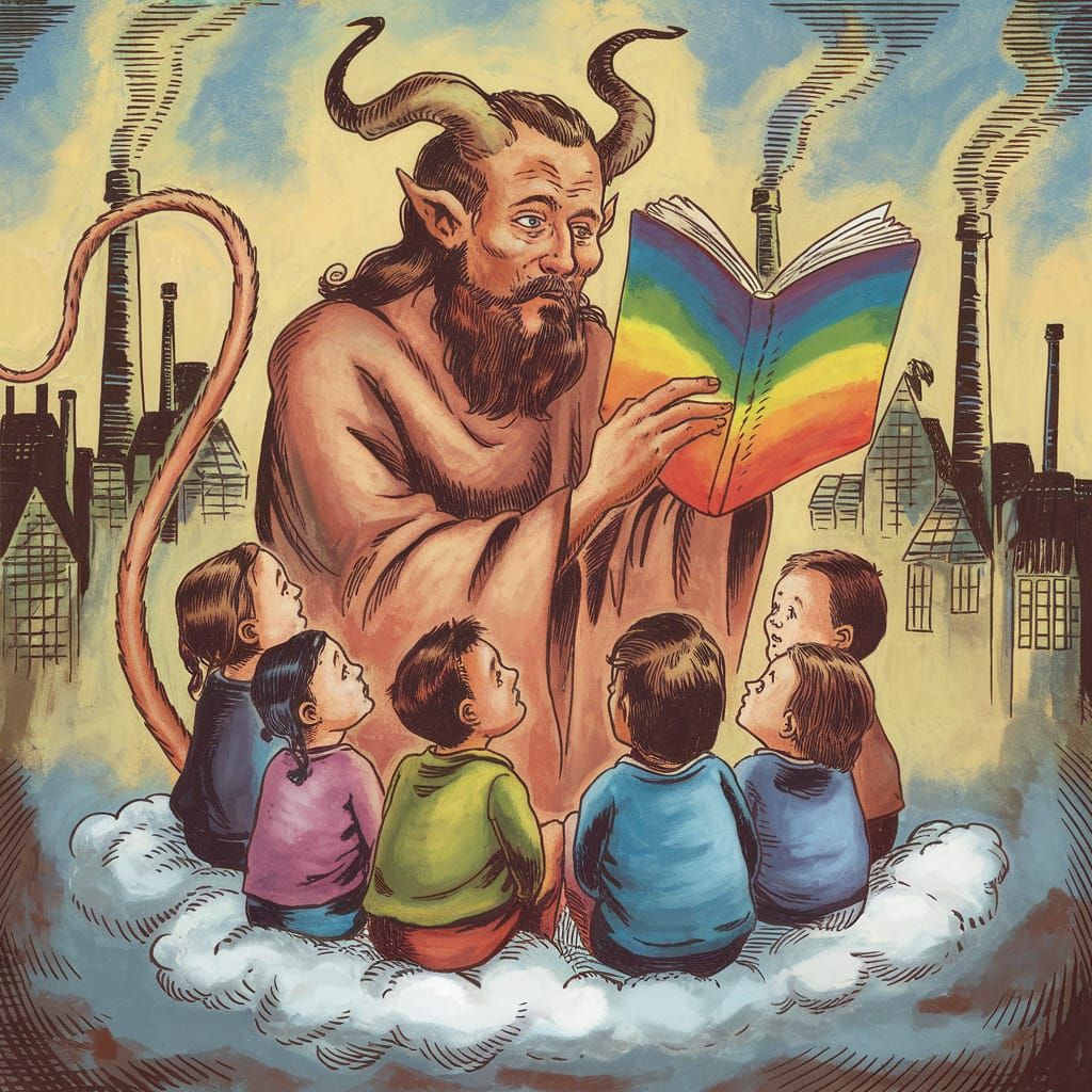 Satan Teaches Children from Rainbow Book Illustration