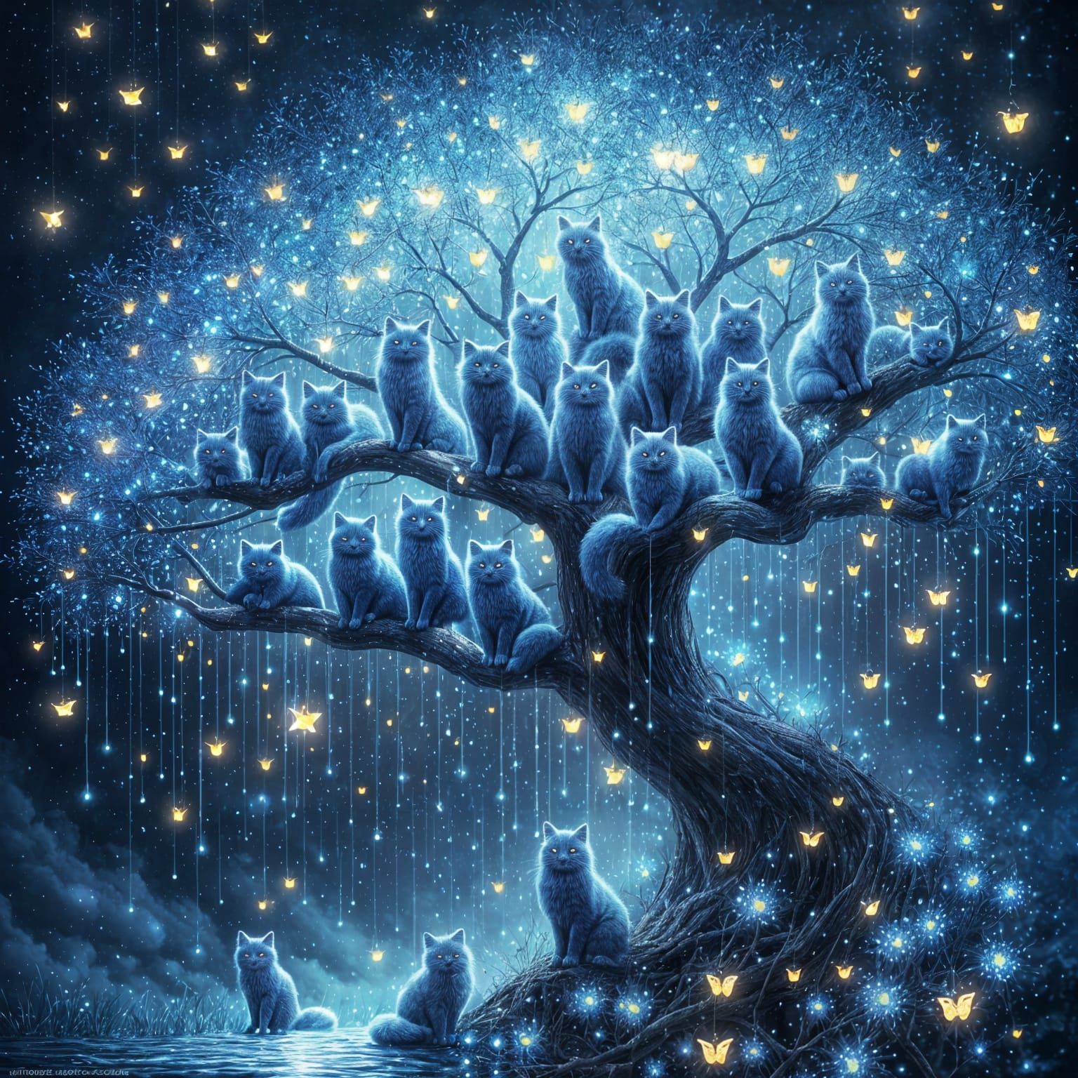 Azure Tree of Cats in Supernatural Scene
