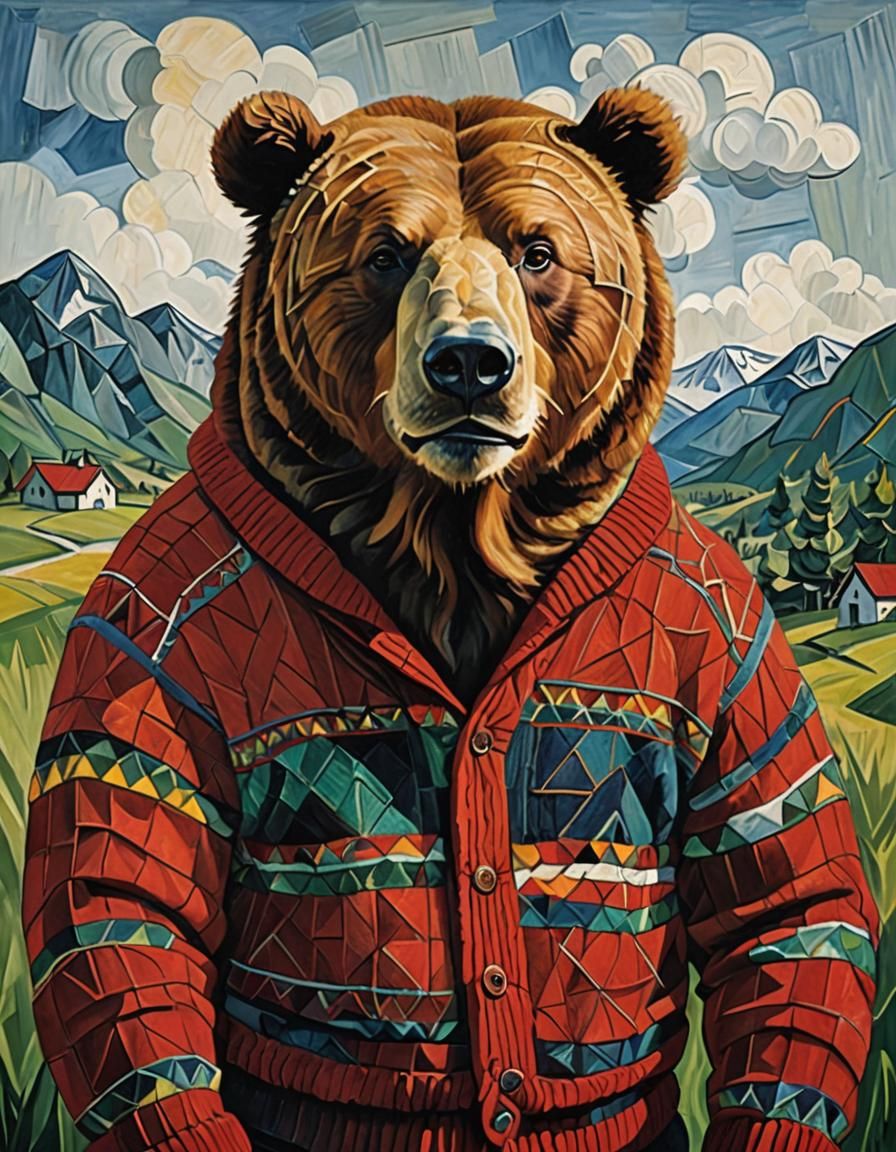 Kodiak Bear in Cubist Style Oil Painting