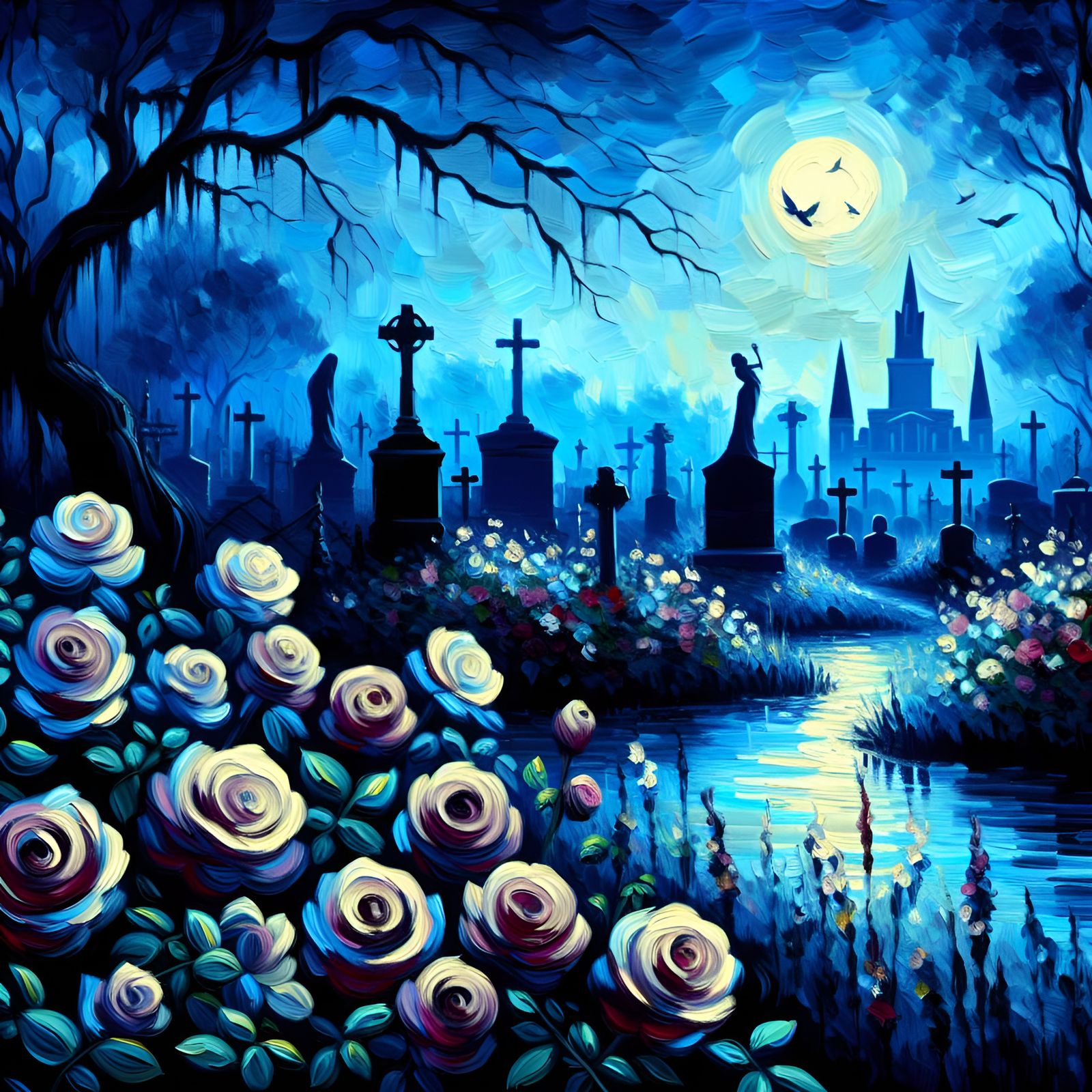 Film Noir Cemetery with Fauvist Impasto Roses