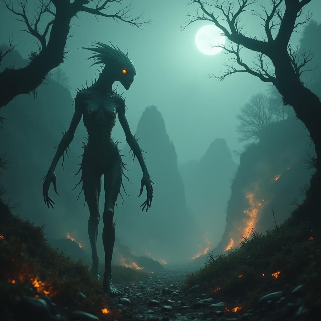 Eerie Humanoid Figure in Mystical Landscape
